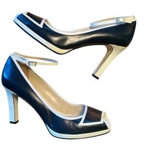 ENZO ANGIOLINI Black and Ivory Leather Peep Toe Ankle Strap Heels SZ 10M